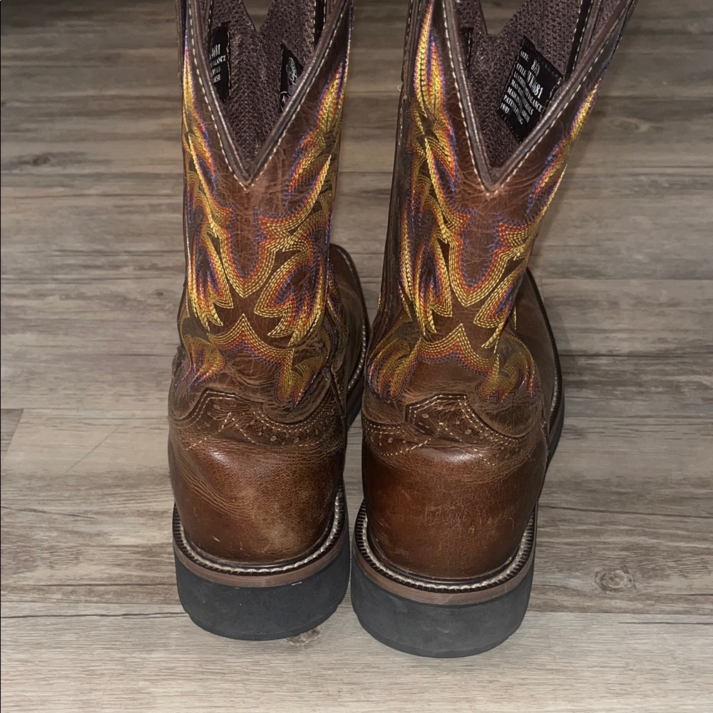 Justin Boots Brown Leather Cowboy Boots with Multi-color Stitching, see toe pic - Picture 8 of 15